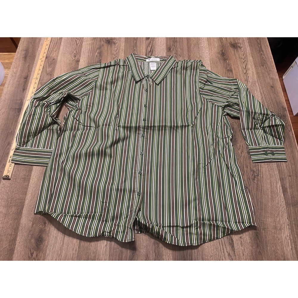Roaman's Shirt,  Men's Size 2X, Green Black Brown, Striped Long Sleeve Button Up